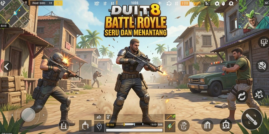 Screenshot utama DUIT8 menampilkan aksi intens dalam permainan Battle Royale.