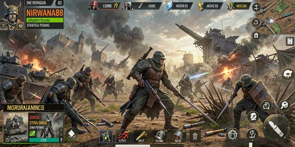 Tampilan gameplay NIRWANA88 yang menampilkan strategi pertempuran dan pembangunan kerajaan.