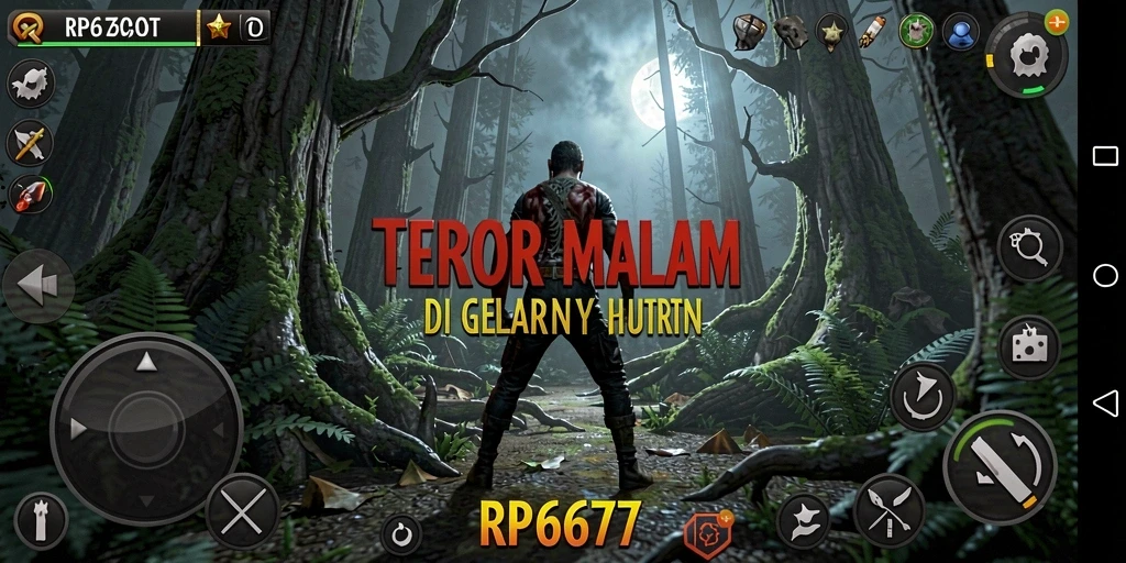Gameplay RP6677 yang menampilkan serangan makhluk menyeramkan di kegelapan.